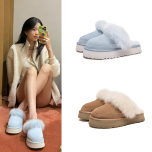 赵露思同款蓝色雪地靴半拖桑坡蒂茨库特羊毛绒厚底外穿包头毛毛鞋