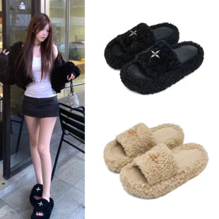 秋冬赵露思同款十字毛毛拖鞋法式小香风厚底一字毛绒拖鞋外穿棉拖