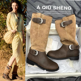 花少马思纯同款复古西部牛仔靴拼接堆堆靴皮带扣中筒马丁骑士靴女