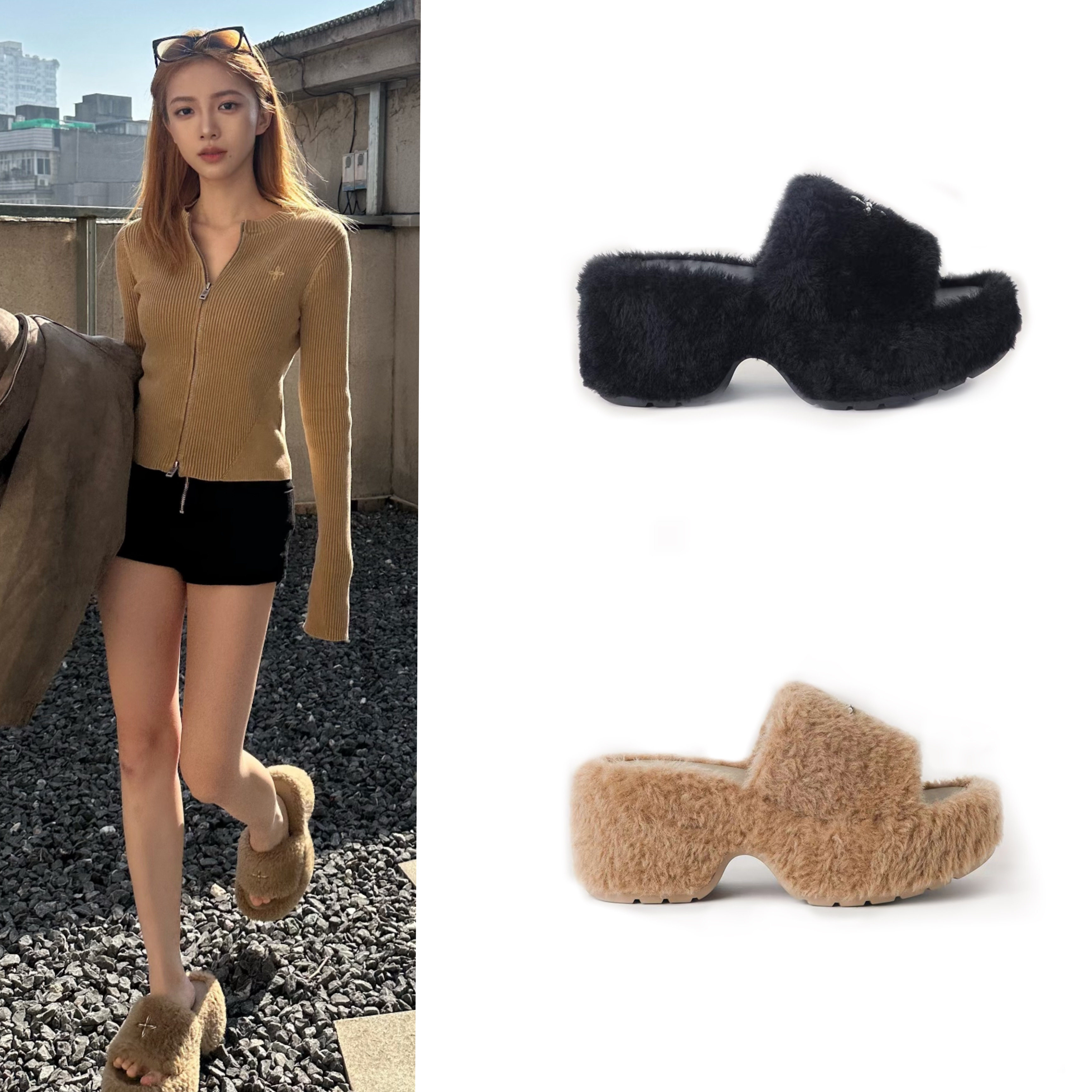 赵露思同款高跟毛毛拖银色十字花羊羔毛厚底外穿辣妹一字毛绒拖鞋,女鞋,毛毛鞋,淘宝优惠券,粉丝福利购,淘宝优惠卷