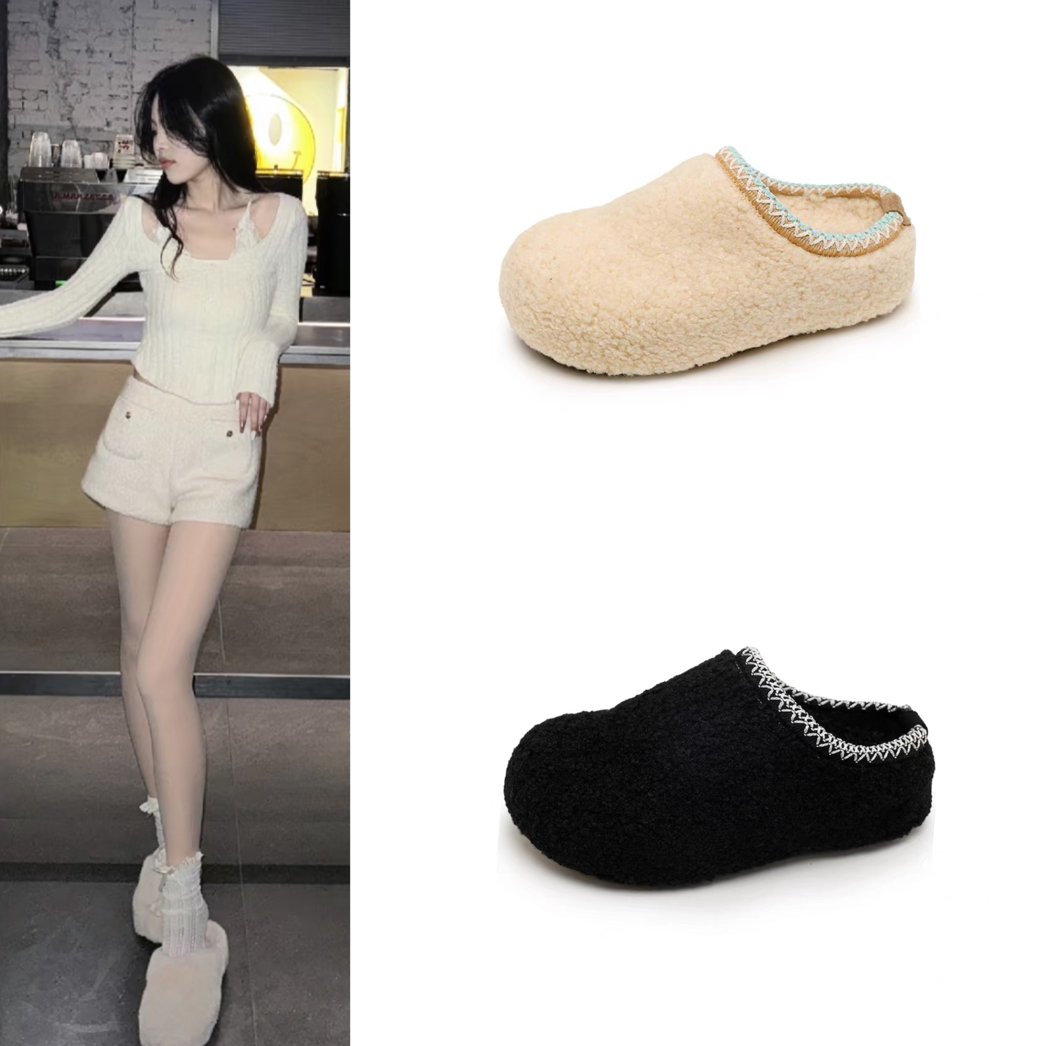 网红同款包头毛毛半拖鞋外穿羊羔毛花边秋冬加绒保暖一脚蹬棉托女