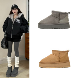 毛毛鞋 赵露思同款 雪地靴中筒灰色靴子加棉加厚厚底增高外穿休闲鞋