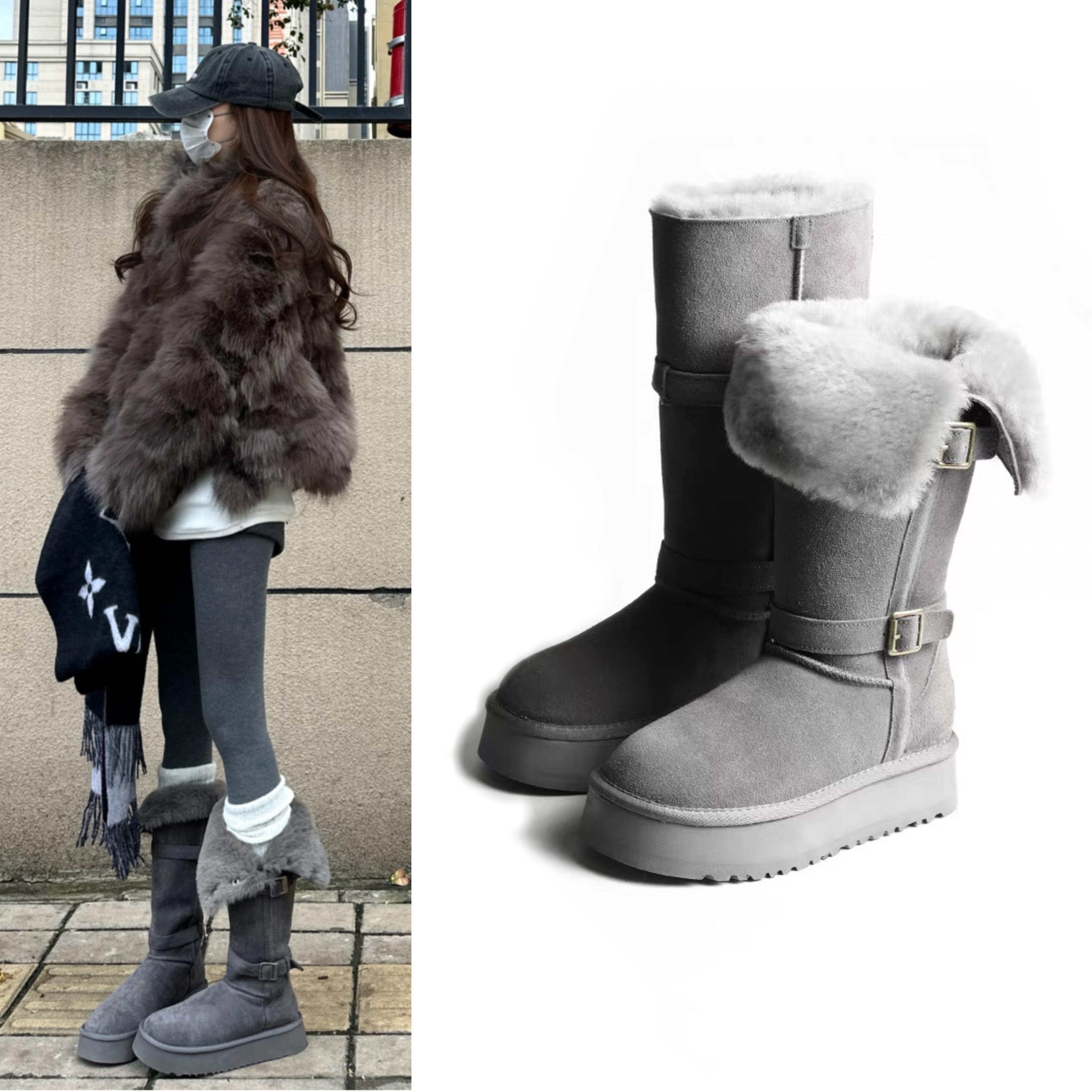 超火同款灰色雪地靴冬季加绒加厚保暖棉靴外穿长筒厚底羊毛绒靴子