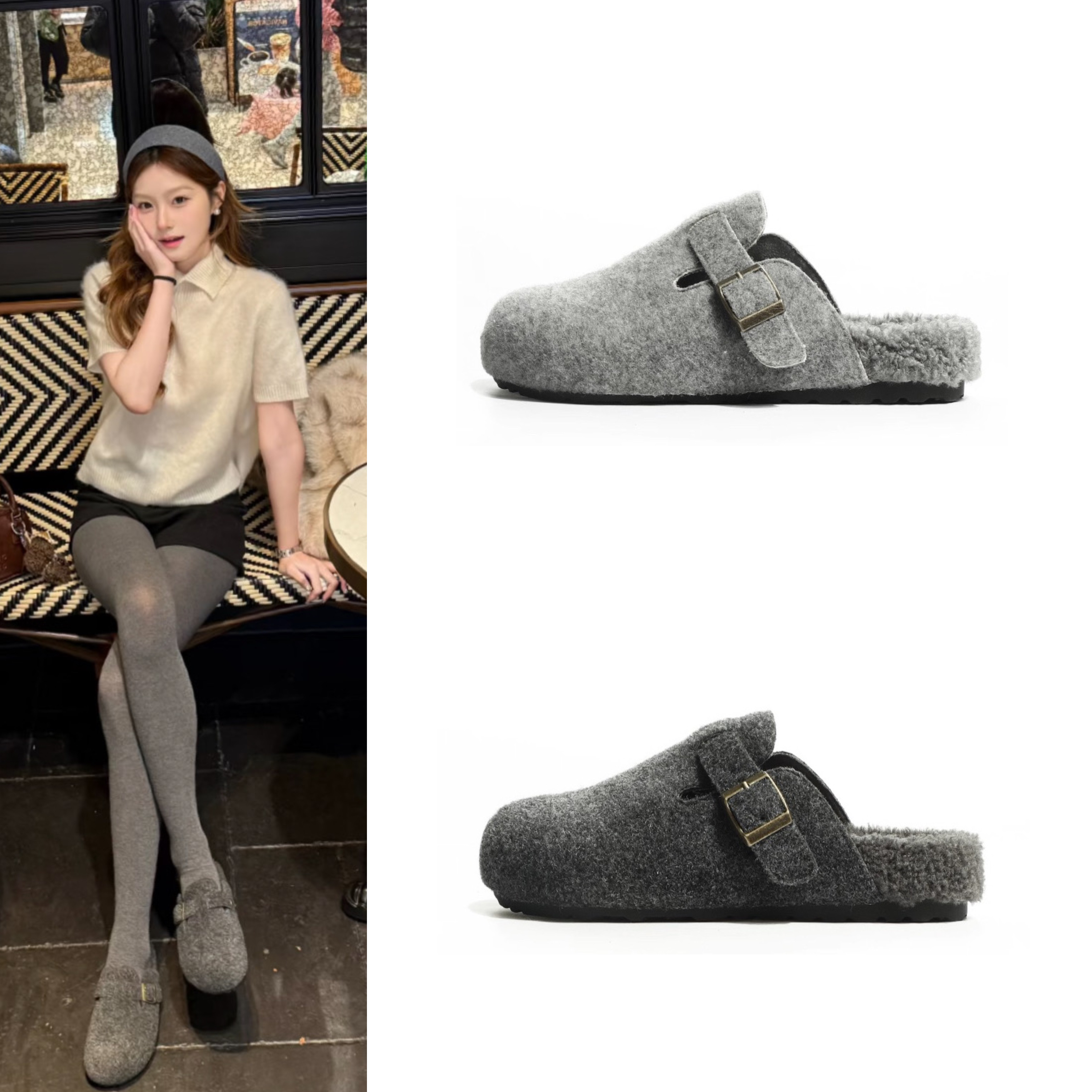 赵露思同款加绒灰色勃肯鞋外穿毛毛鞋厚底外穿包头拖鞋保暖棉拖鞋