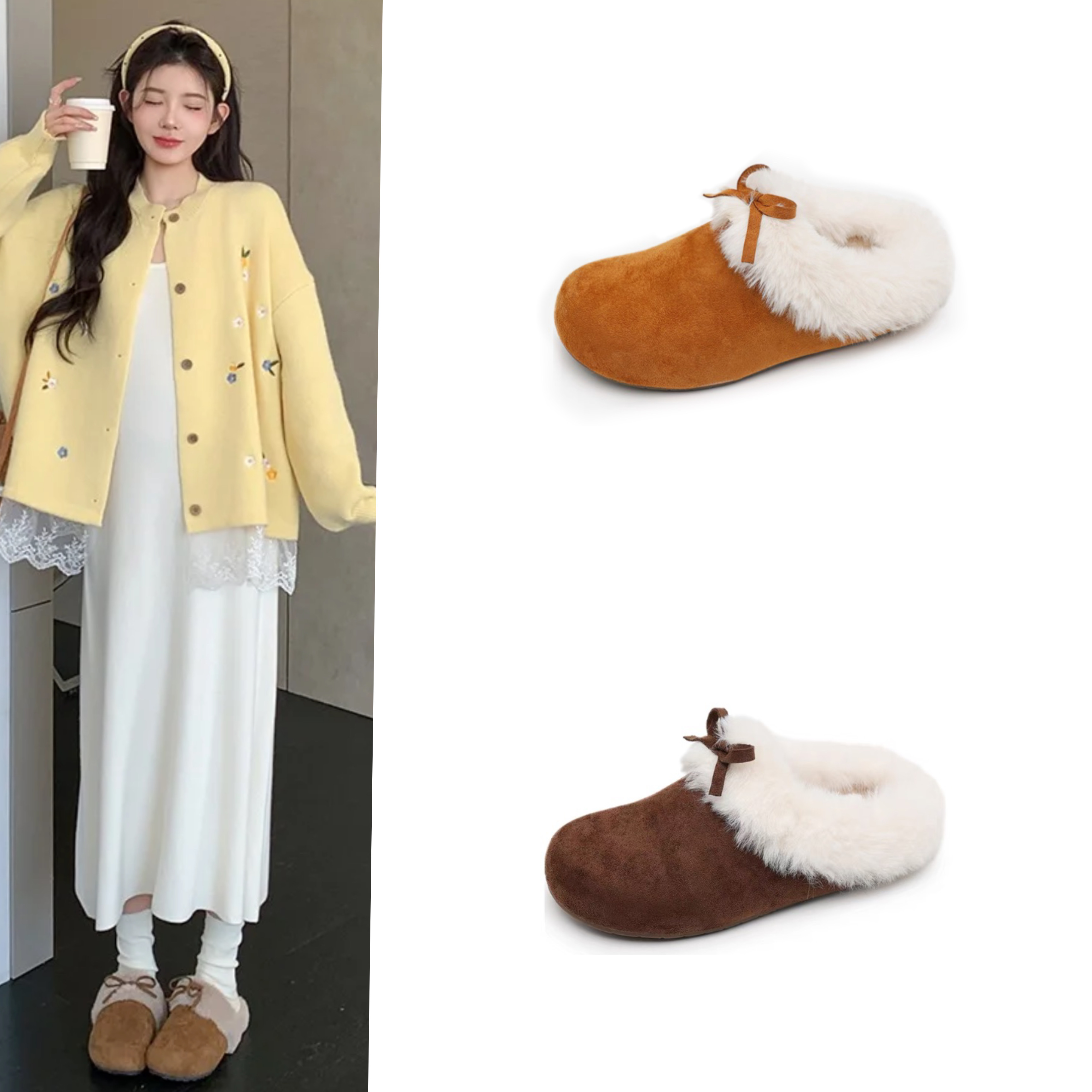 网红同款蝴蝶结包头半拖女外穿小土豆厚底增高毛毛拖毛绒勃肯棉鞋