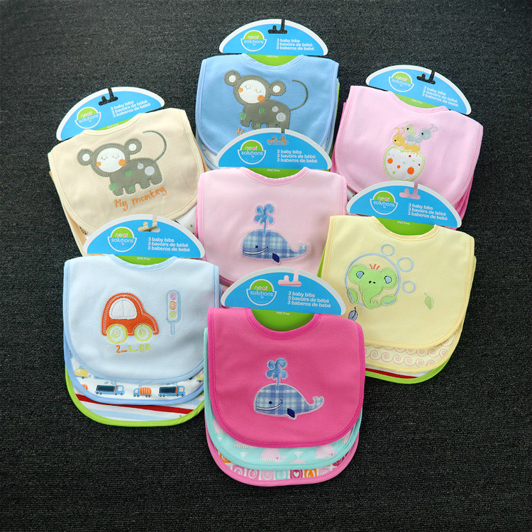 2组包邮出口美国原单新生婴儿纯棉防水围嘴卡通宝宝围兜口水巾3件