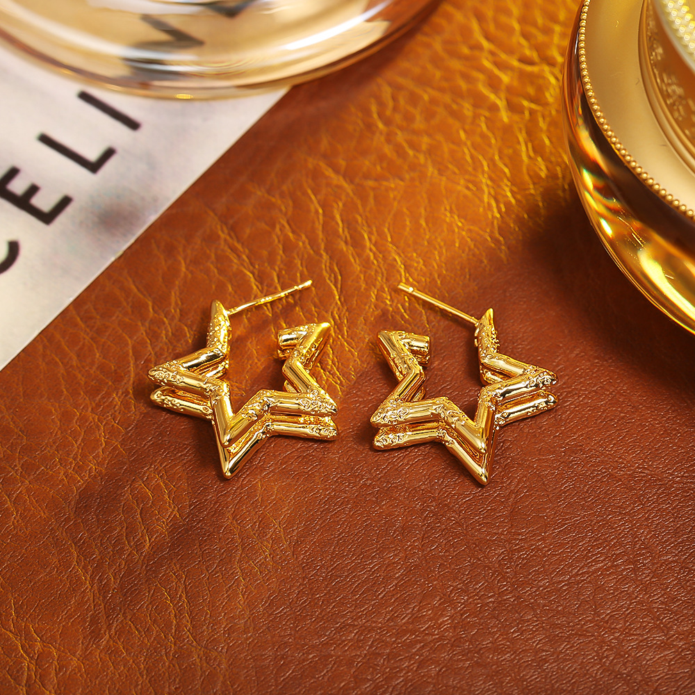 设计感双层五角星耳钉时尚高级感铜镀真金18K耳饰女INS风银针