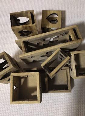 外贸做旧原木色木头盒子ins风木质镂空摆件盲盒