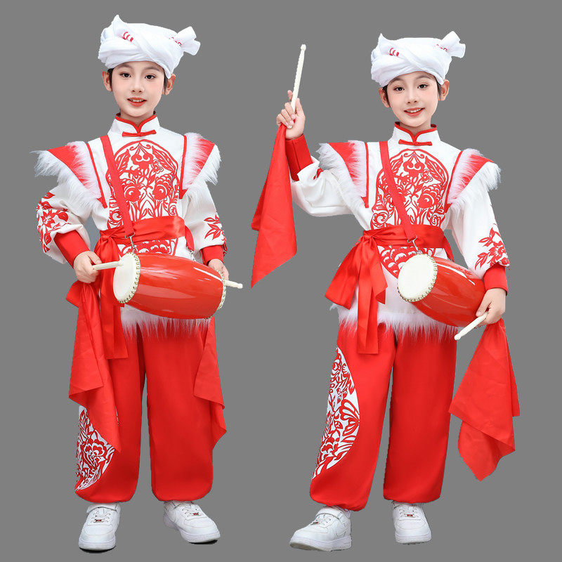 陕北儿童表演服装安塞腰鼓女童中国演出服秧歌打鼓舞蹈