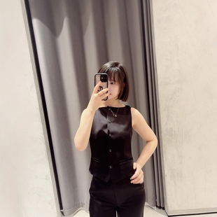 THEORY 2026新品女装 缎面醋酸色丁单排扣船领收腰马甲 P1009104