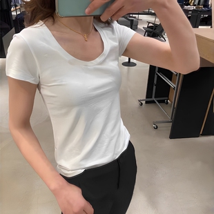 Theory大U领修身纯色短袖T恤女G014533R