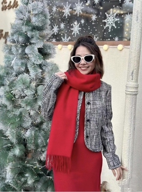 THEORY羊绒围巾女冬季红色长方形流苏披肩保暖百搭新年