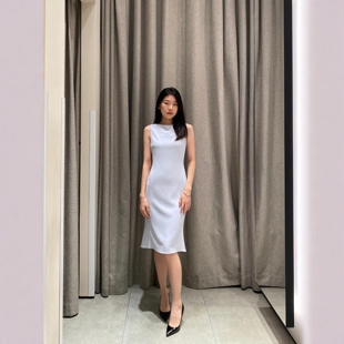 Theory女装优雅鱼尾裙珍珠蓝色三醋酯纤维混纺船领连衣裙L0109606