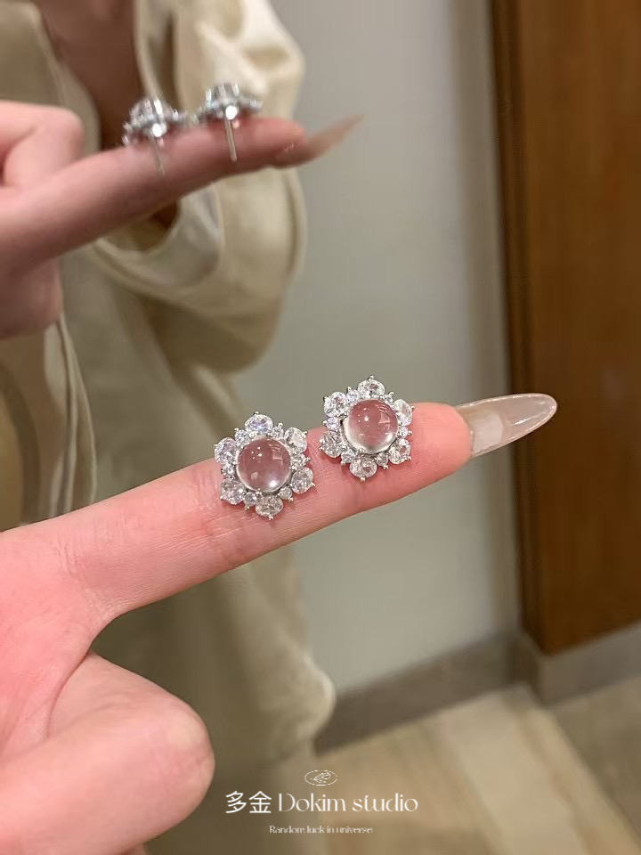 媲美翡翠！S925纯银天然水沫玉超刚蛋面超闪满钻富家千金耳钉首饰