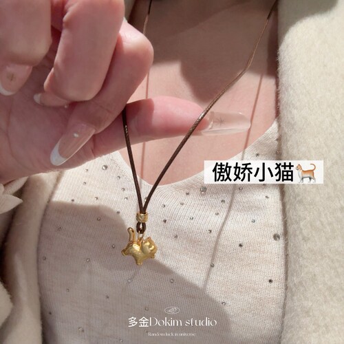 招财小猫S925纯银金色傲娇猫咪项链毛衣链新中式显贵锁骨链超可爱