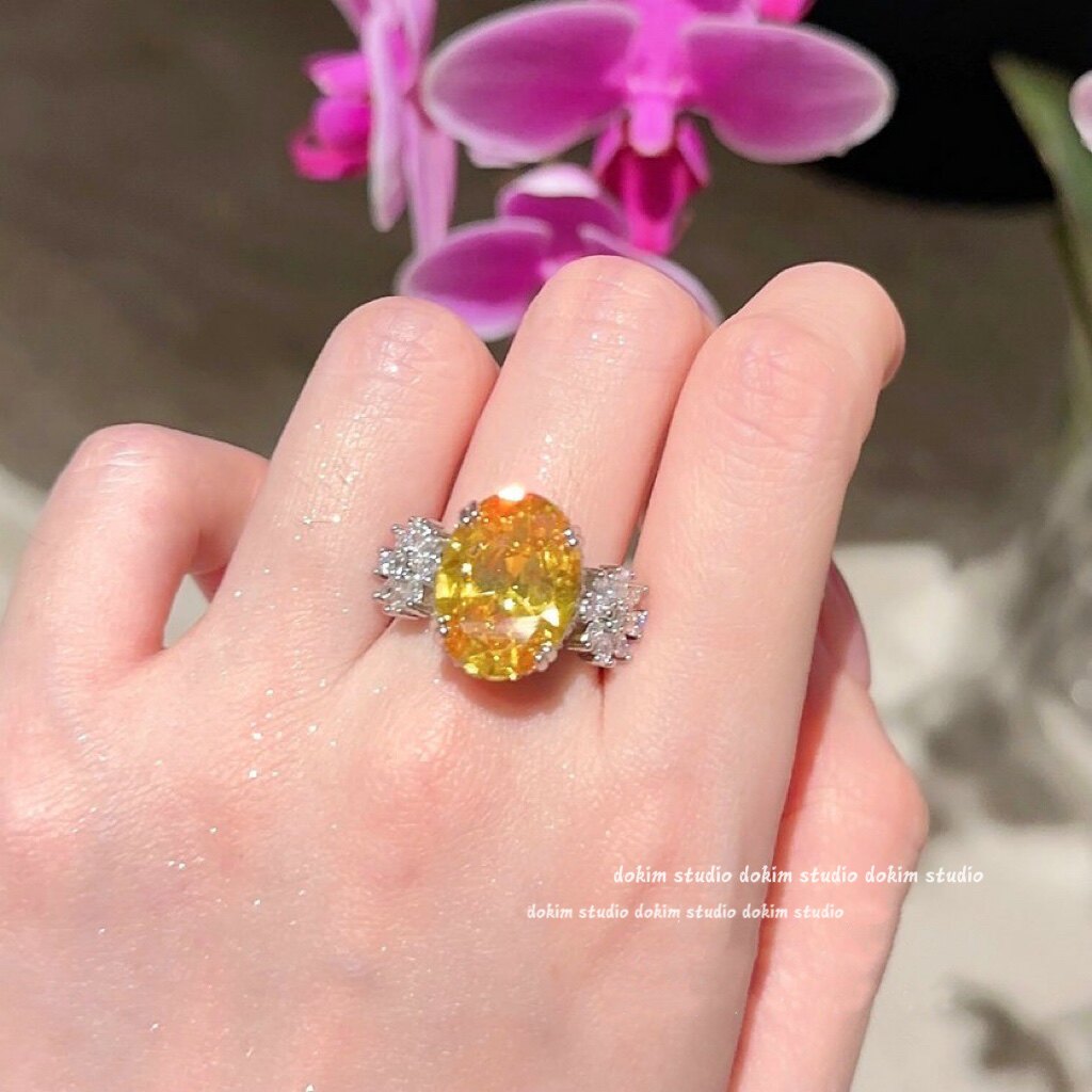 「碧玺金丝雀」Vintage中古款花朵宝石戒指镀18k金黄钻大克拉指环