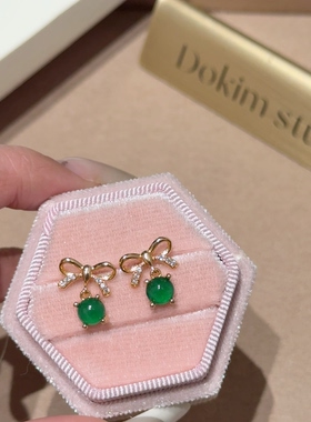 翡翠小甜豆 s925银天然A货翡翠耳坠小蝴蝶结超精致国风小巧耳钉