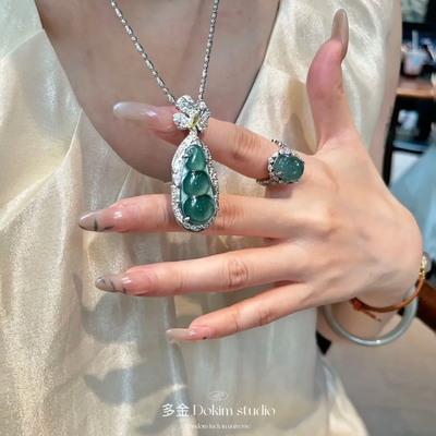 S925纯银天然危料翡翠蓝水Big大豆子福豆精致贵气新中式项链吊坠