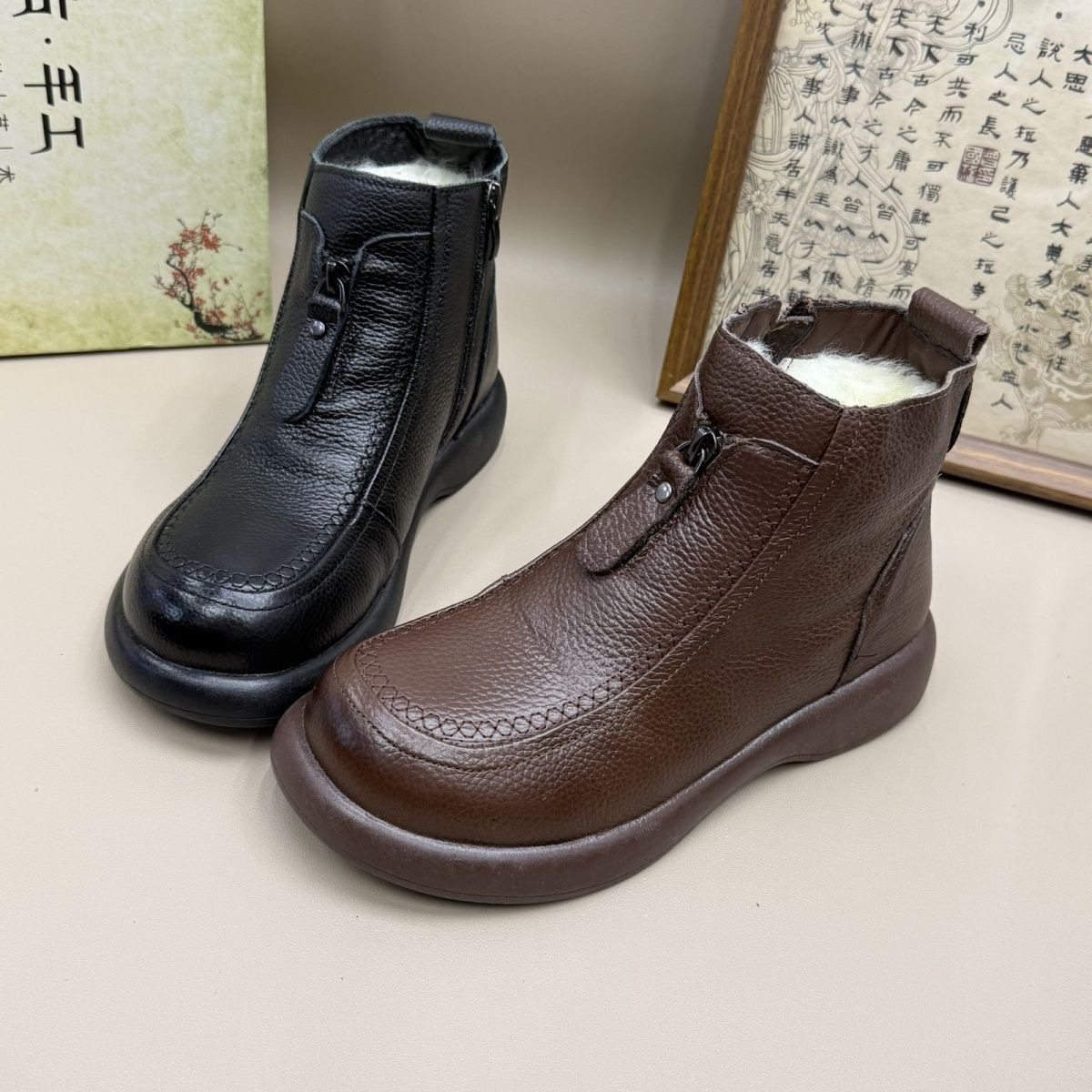 防滑软底妈妈羊毛棉鞋百搭平跟厚底手工复古女士真皮冬季保暖短靴