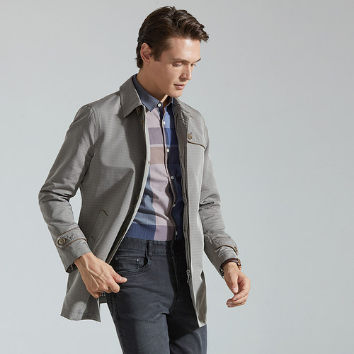 麦迪莱登咖啡色细格纹风衣外套