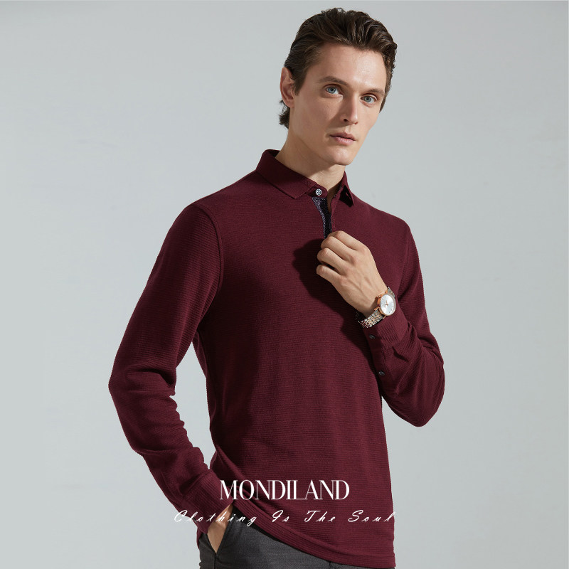 微弹天丝棉长袖T恤酒红色打底衫