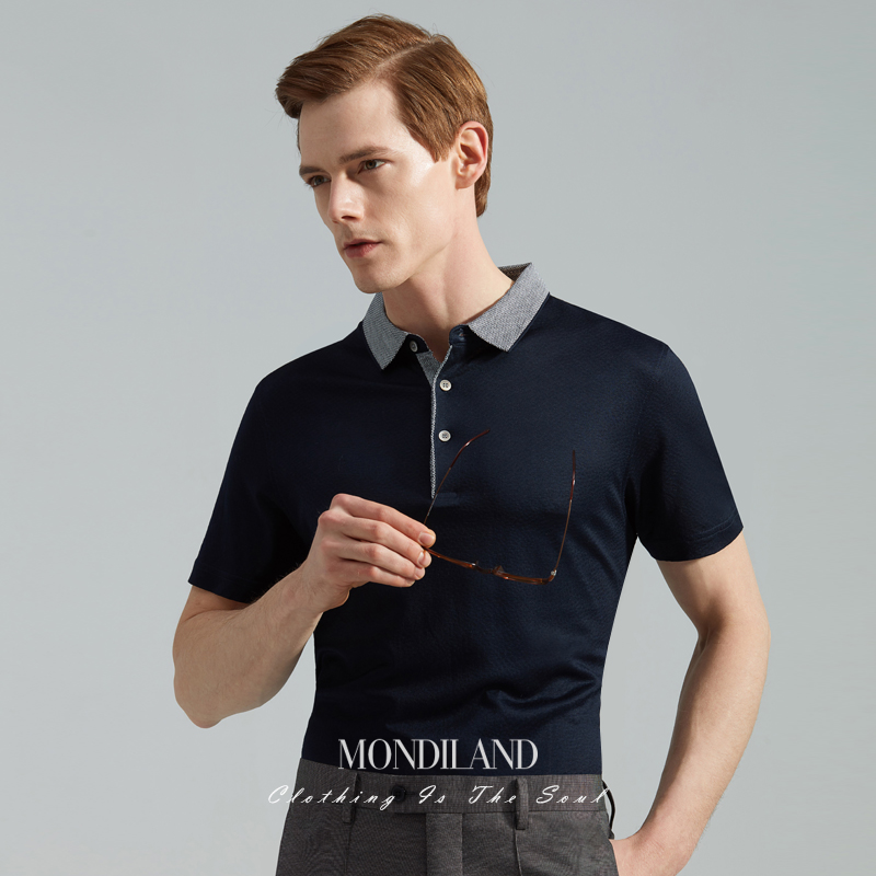 天丝棉短袖藏青色小翻领polo衫