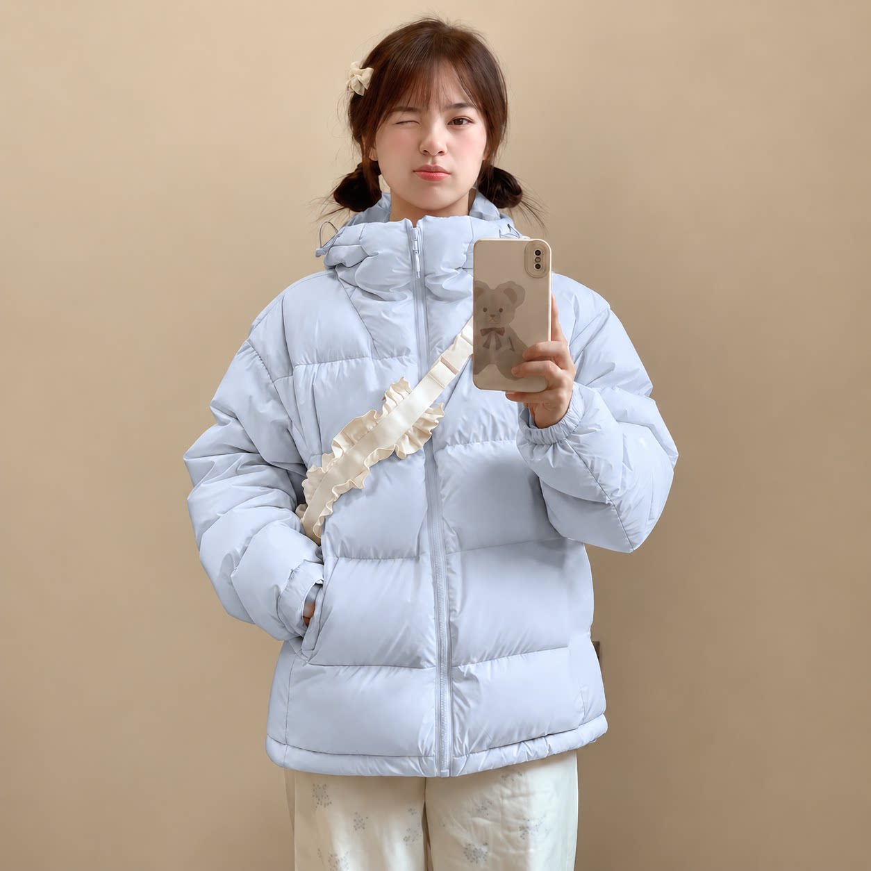 蓝色羽绒服女短款2026年冬季新款加厚小个子白鸭绒面包服宽松外套