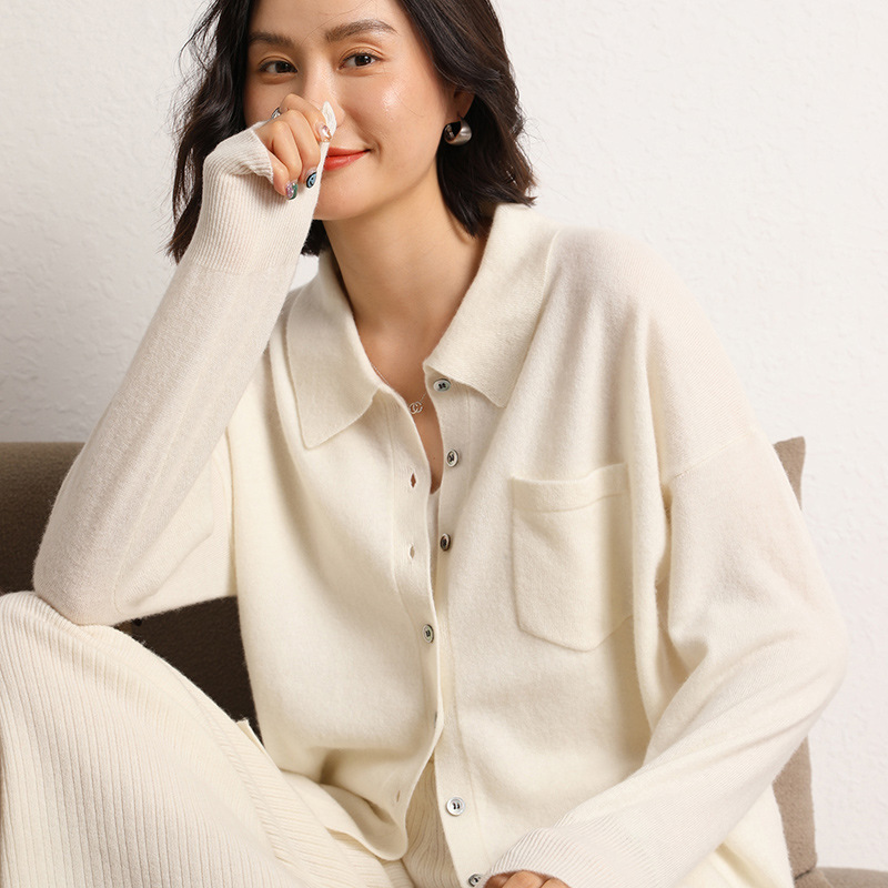 Polo领羊绒衫女24秋冬新款衬衣式针织衫气质内搭上衣羊毛打底毛衣