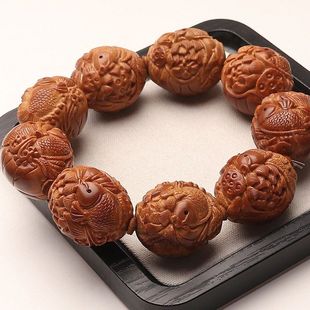 巴西橄榄核大籽手把件荷花鲤鱼戏莲单圈手串浮雕手把文玩荷塘月色