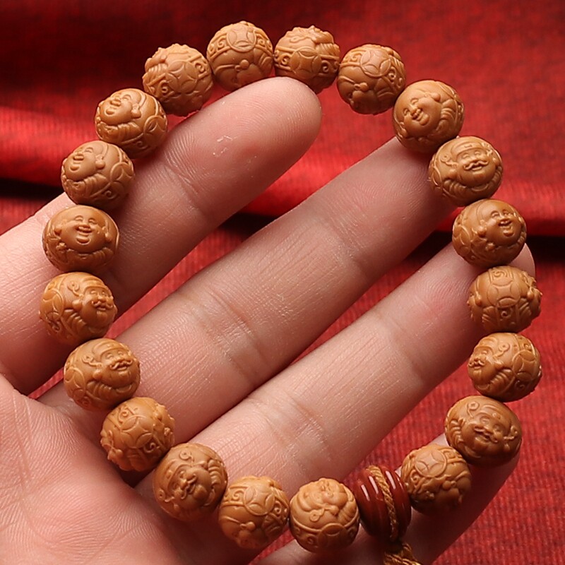手工雕刻原皮桃核财弥双面猴头手串正圆佛珠文玩文玩手链男女士款