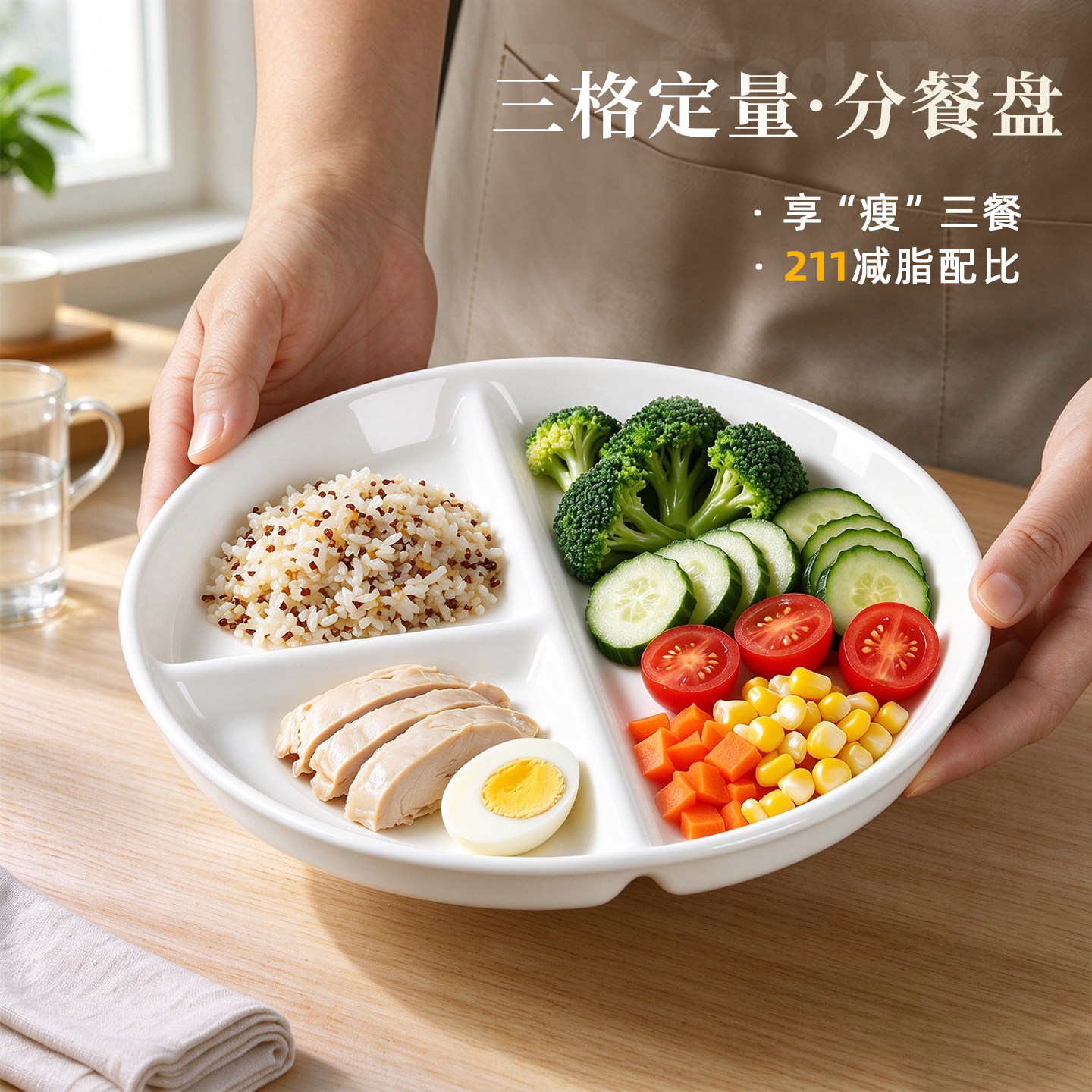 陶瓷211减脂分餐盘家用三分格盘子菜盘减肥定量餐具早餐儿童餐盘