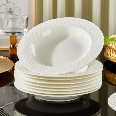 唐山骨瓷盘子菜盘家用新款2025高档浮雕餐具盘碗碟套装深汤草帽盘
