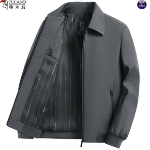 啄木鸟夹克外套男士呢子衣服中年爸爸装春秋季宽松休闲翻领茄克衫
