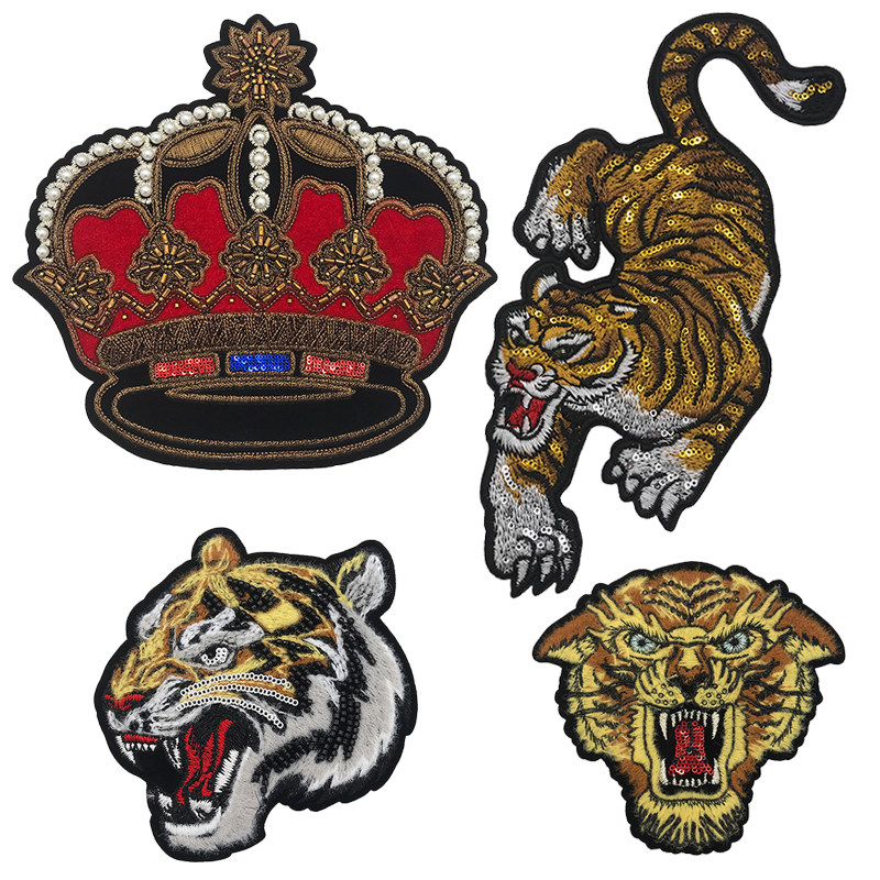精致钉珠刺绣皇冠霸气下山老虎衣服装饰辅料补丁贴配饰修补贴缝制