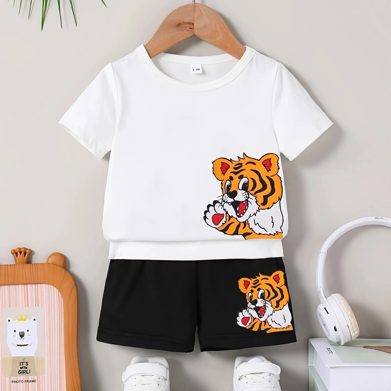 INS婴幼小童男宝宝夏季款圆领套头老虎烫画短袖上衣短裤休闲套装