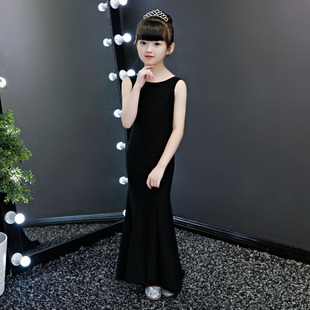 19黑色新品时尚露背儿童模特走秀修身鱼尾晚礼服T台时装钢琴表演