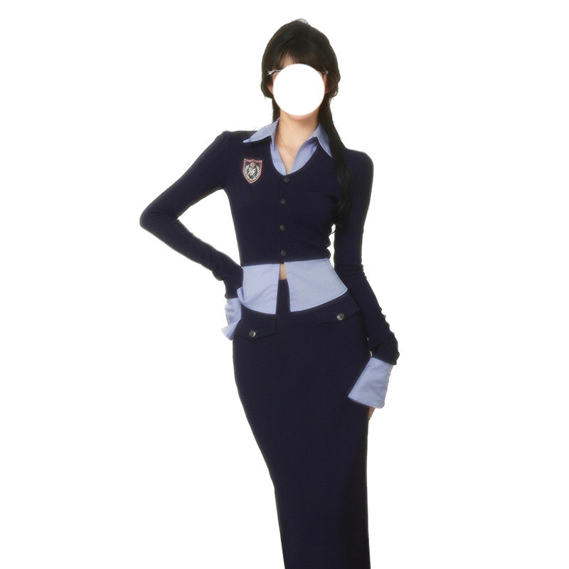 芭假两件衬衫学院风套装女秋miu系穿搭拼接针织上衣包臀长裙