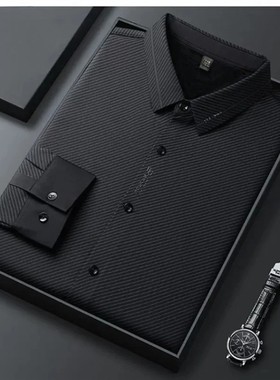 瑞恩轻奢服饰秋冬条纹印花加绒上衣衬衫衬衣保翻领H衫宽松无痕衬