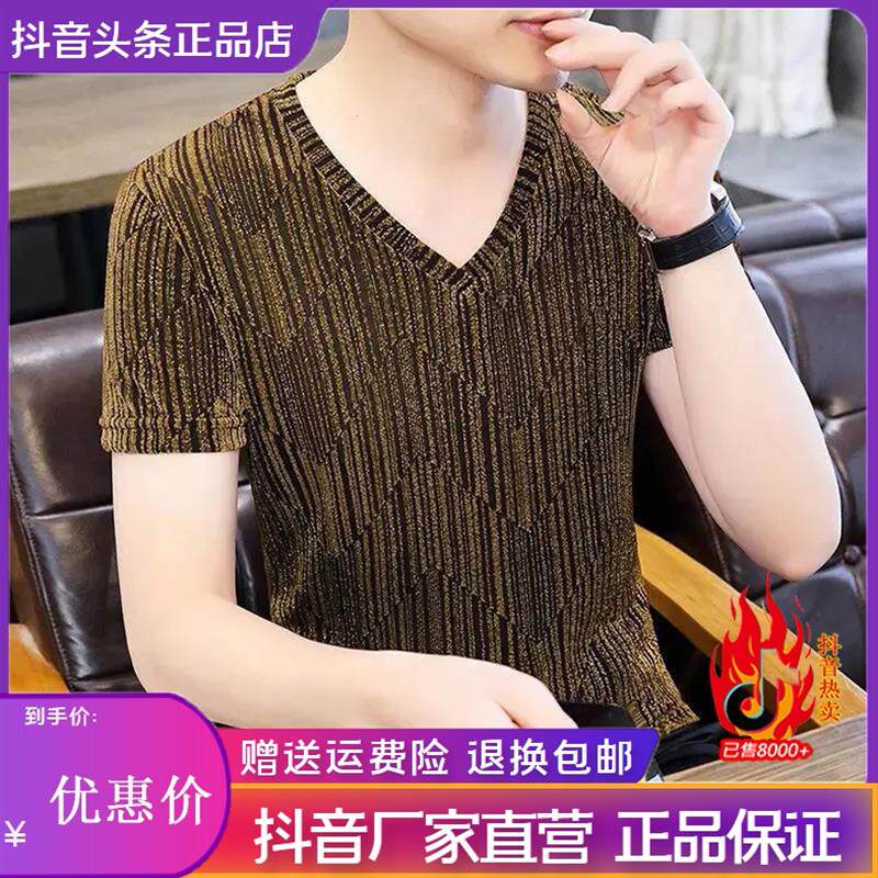 特琪轻奢服饰Amphelisia夏季t恤男士V领冰丝薄款网纱镂空亮丝上衣