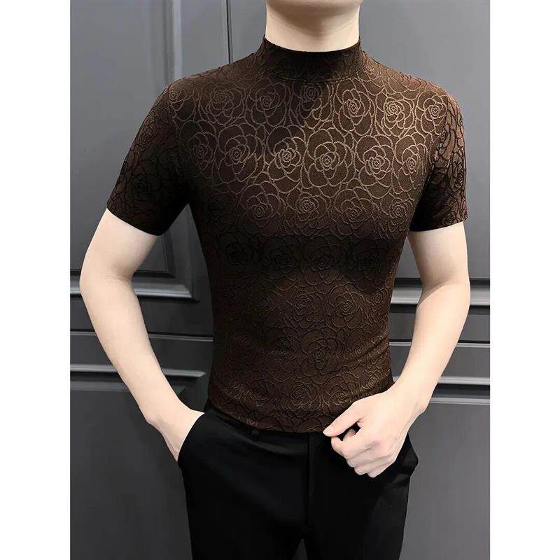 千里马轻奢专柜提花短袖t恤男士洋气炸街高级感半高领修身打底衫