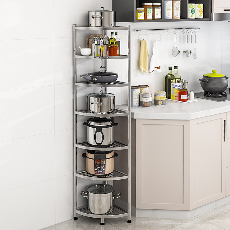 不锈钢多功能家用厨房收纳置物架三角墙角落地多层放锅架子