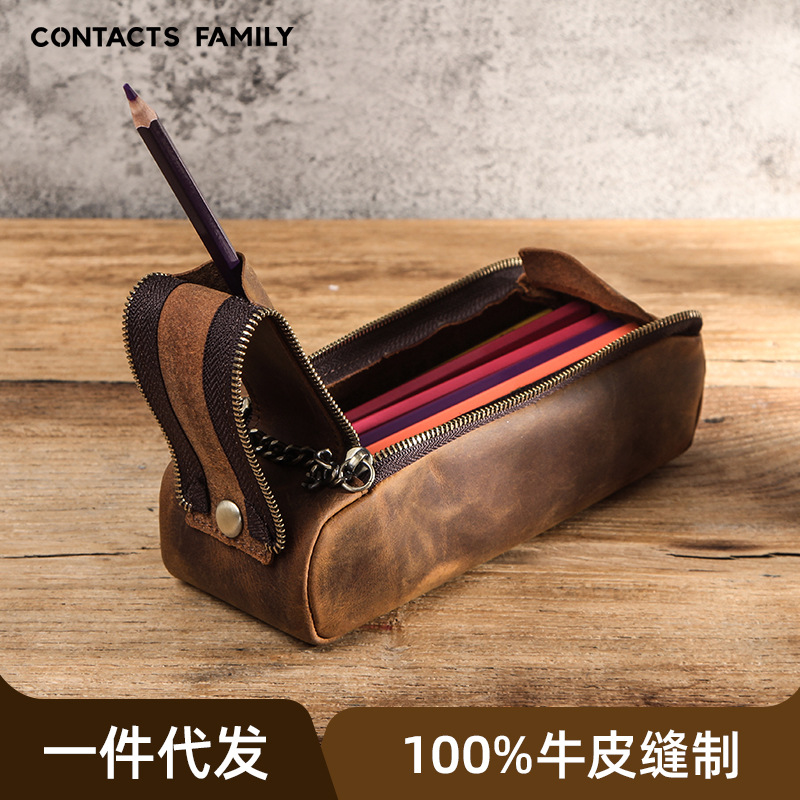 2024年新款CONTACTS FAMILY复古疯马牛皮铅笔收纳袋多功能真皮笔袋跨境画画 画笔学生美术笔疯马皮