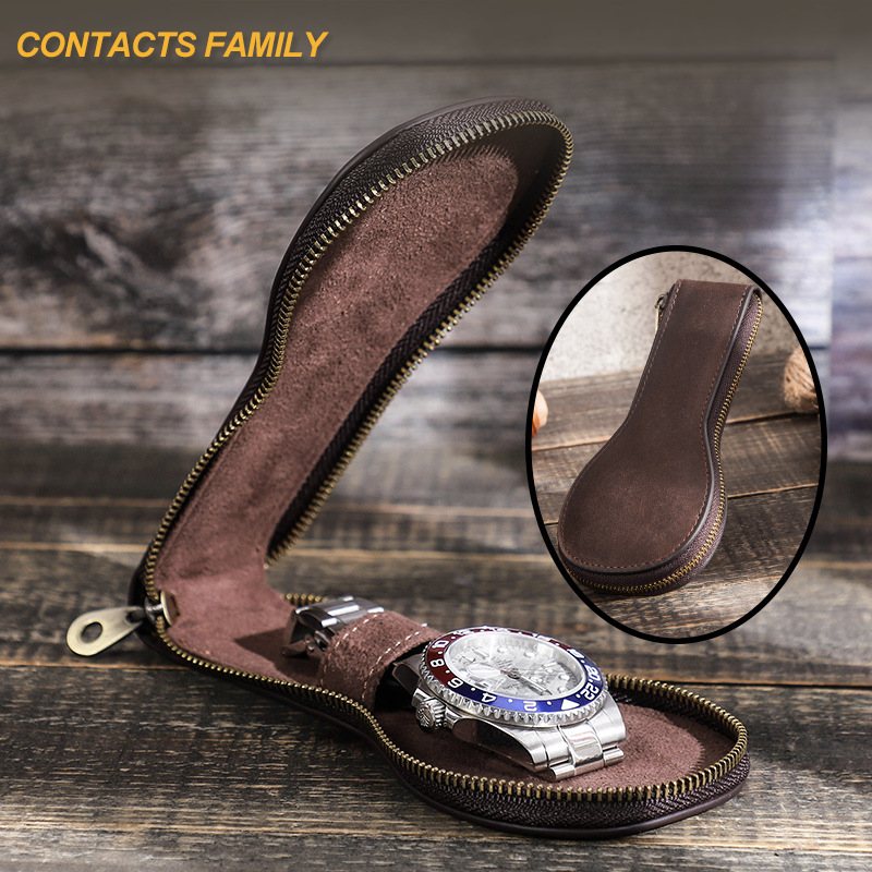 新款真皮收藏表盒1块位防摔防尘防压CONTACTS FAMILY复古疯马牛皮单只装腕表表袋防尘机械手表 收纳盒