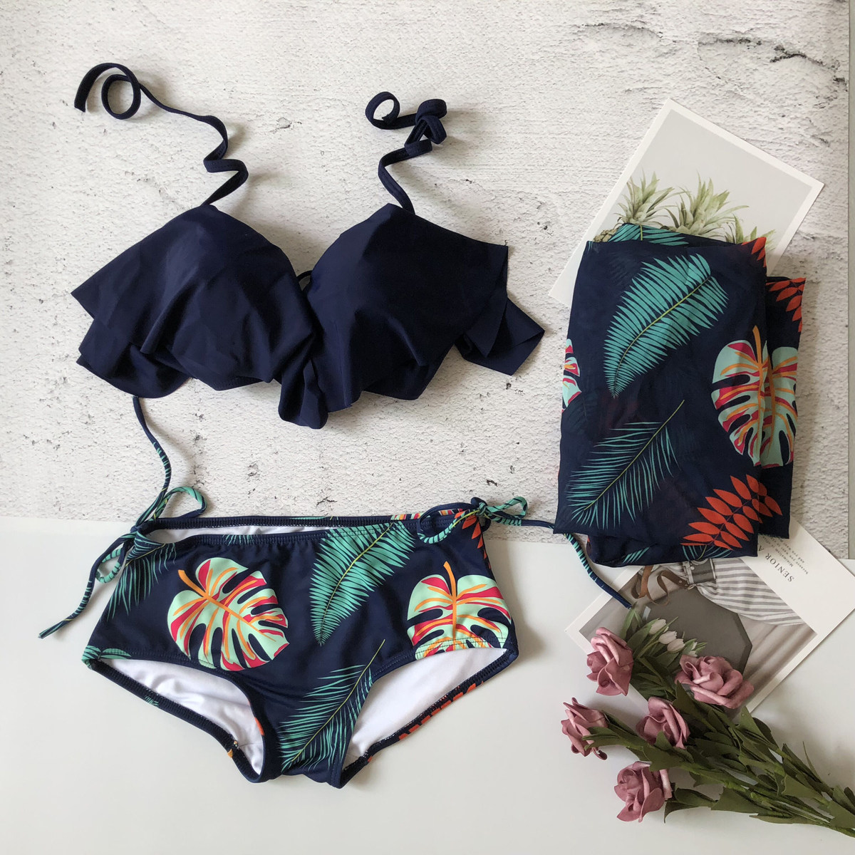 贝迪斯女性感比基尼三件套罩衫显瘦性感钢托聚拢三角分体温泉泳衣