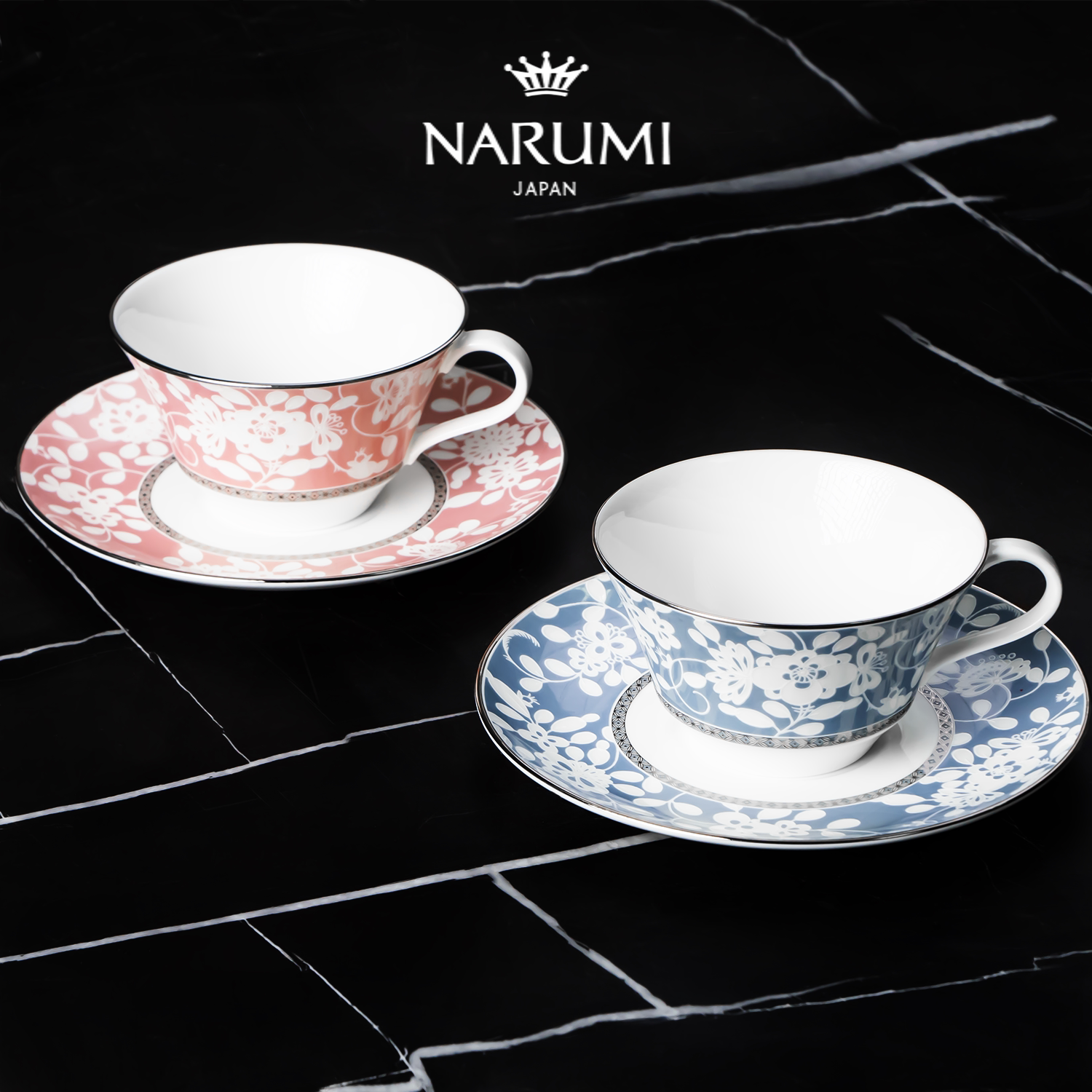 NARUMI日本/鸣海MILANO BIANCA系列下午茶 杯碟套装粉/蓝 礼盒装