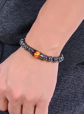 亚马逊热卖 天然粉水晶黑胆石手链 天然石微镶锆石皇冠手串