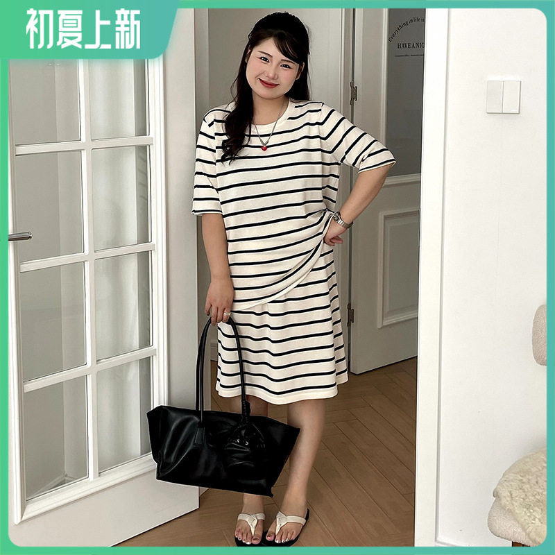 2026夏款胖mm上衣女半身裙针织两件套大码显瘦女装撞色条纹套装