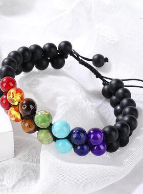 亚马逊新款七彩石头欧美男黑色火山石瑜伽能量手链珠编手串手工