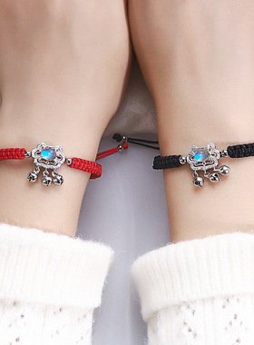 天蓝月光石 平安长命锁手链女ins小众设计抖音同款情侣黑红手绳