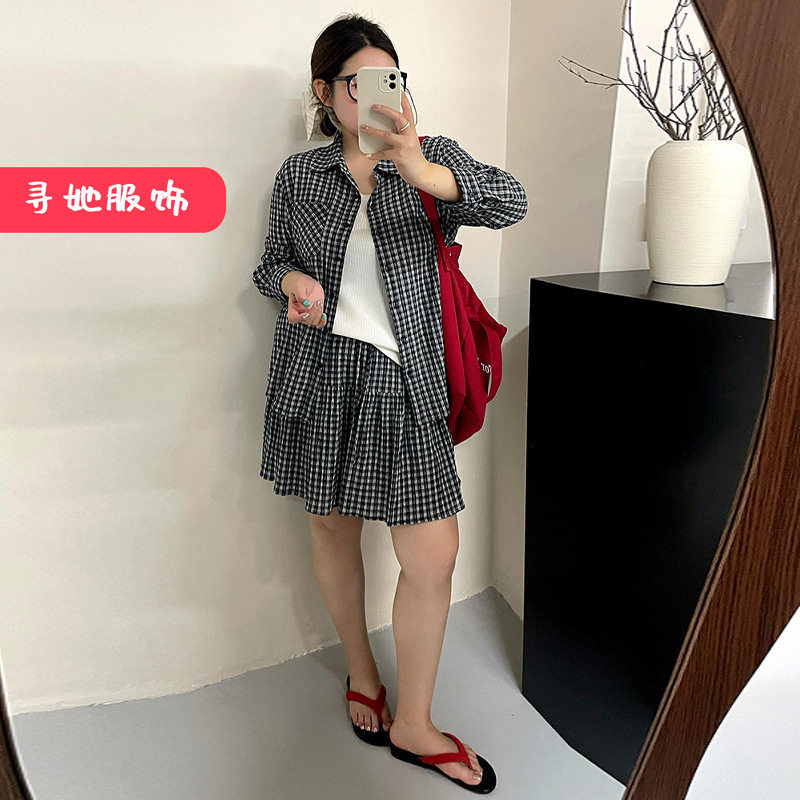 2026夏款胖mm显瘦复古格子三件套大码女装衬衫女半身裙套装